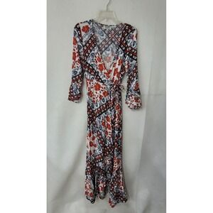 Shareen Collections Wrap Maxi Dress Womens 10 White‎ Red Floral Bell Sleeve Boho
